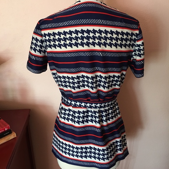 VTG 60 70 MOD Tie Waist Top Red Blue Stripes - Picture 3 of 16